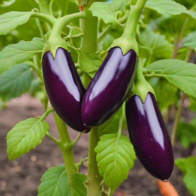 Photo purple eggplant growing on a plant in a garden