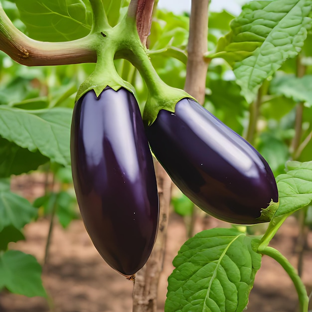 a purple eggplant is growing on a plant