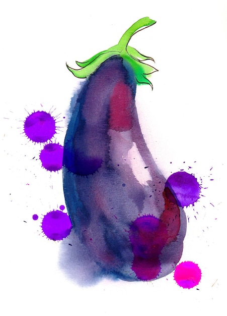 Foto aubergine viola su sfondo bianco inchiostro e acquerello disegnati a mano con schizzi su carta