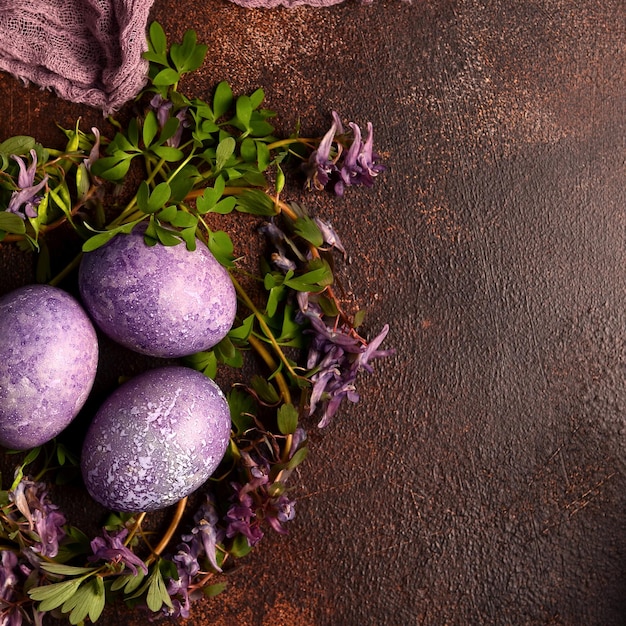 Purple eggs and spring flowers on a dark background
