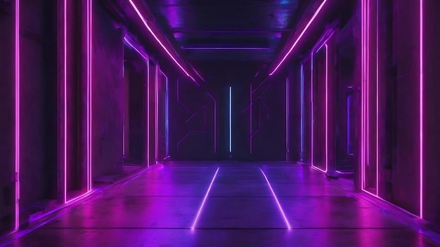 Purple electric neon light laser lines frame cyber futuristic sci fi on concrete floor illustration