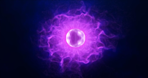 Фото Пурпурная энергетическая сфера со светящимися яркими частицами, атомом с электронами и электрическим магическим полем