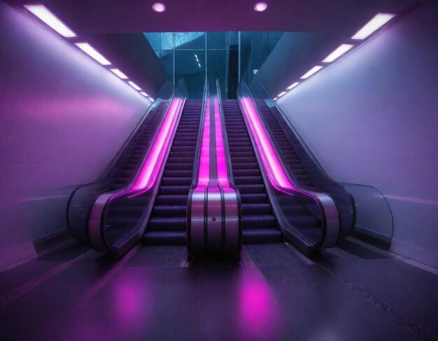 a purple escalator with purple lights and a purple light