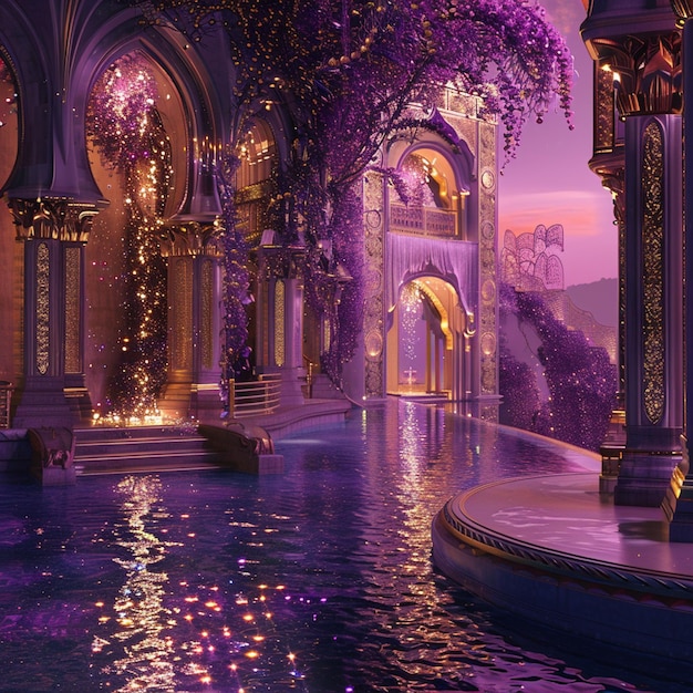 a purple fantasy city with a fountain and a fountain generative ai