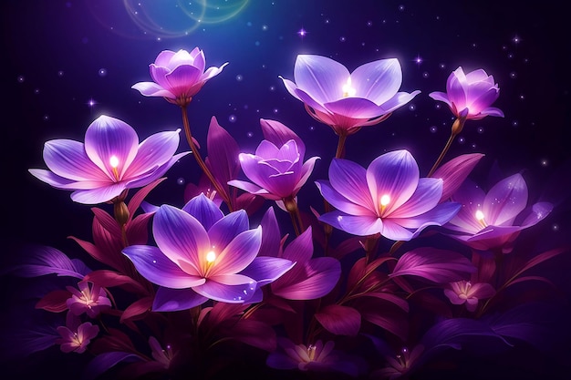 Purple Fantasy Flowers with Glowing Lights