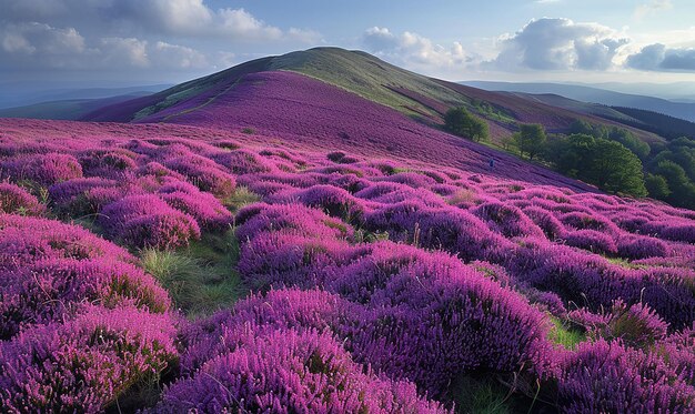 背景に山がある紫色の花の畑