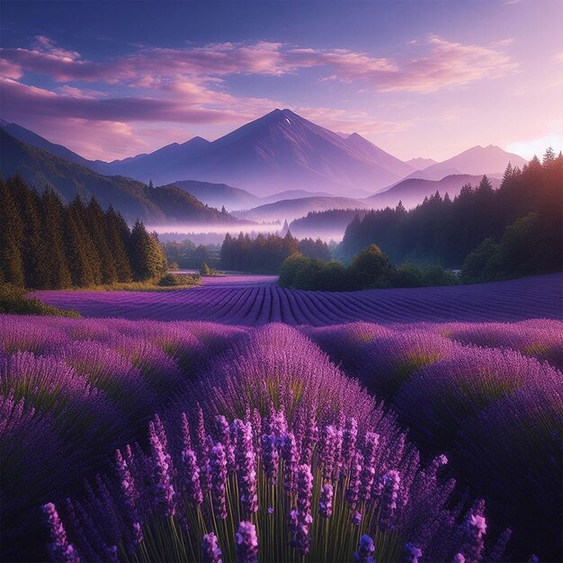 A purple field of lavender flowers with mountains in the background