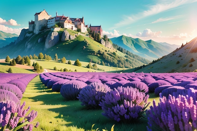 A purple field of lavender in front of a castle