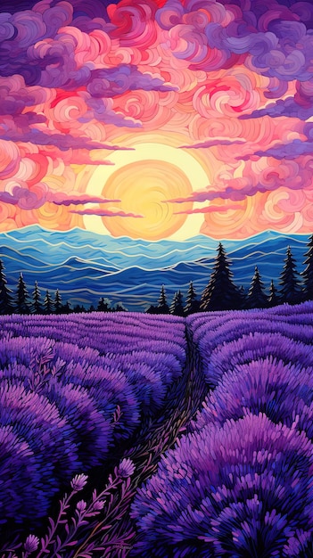 a purple field of lavender with mountains in the background