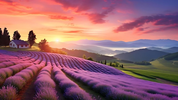 山を背景に紫色のラベンダー畑