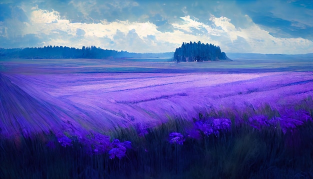 Purple field and sky with clouds