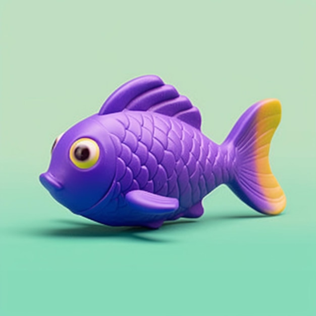 Purple fish toy with yellow eyes on a green background generative ai