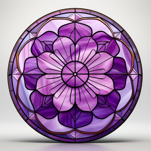 Purple flower in a circular stained glass window with a white background generative ai