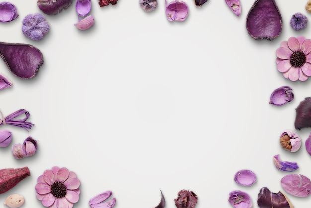 Purple flower decorations on white background Free space for text