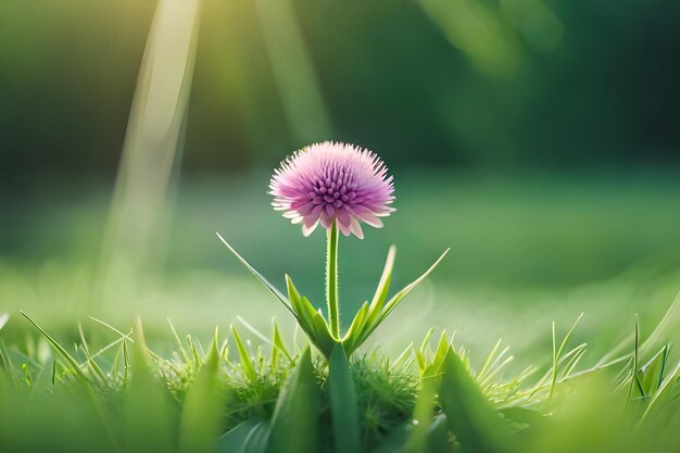 A purple flower in the grass with the sun behind it