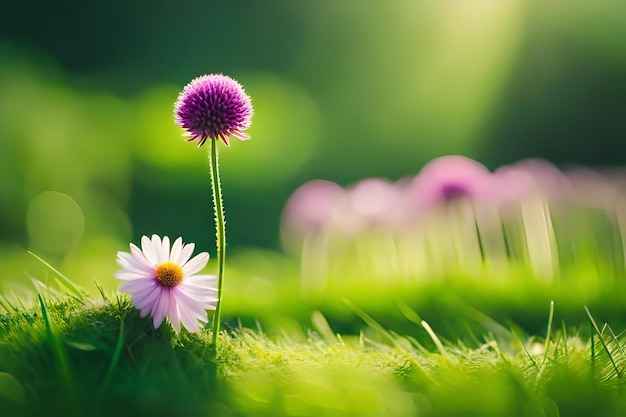 a purple flower in the grass with the sun behind it.