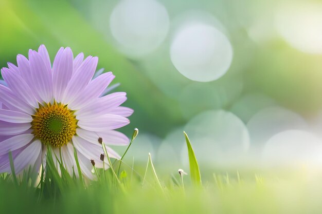 A purple flower in the grass with the sun shining through the background