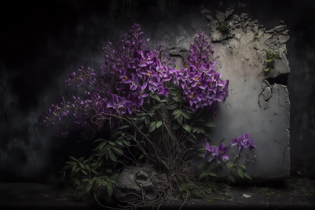 A purple flower is in front of a stone wall.