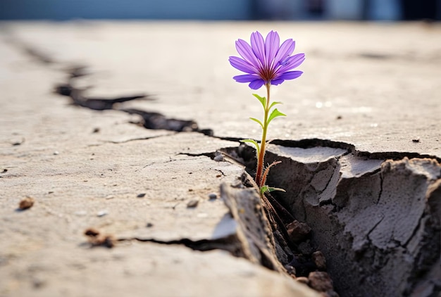 A purple flower is growing amidst a crack in the road in the style of minimalist conceptualism