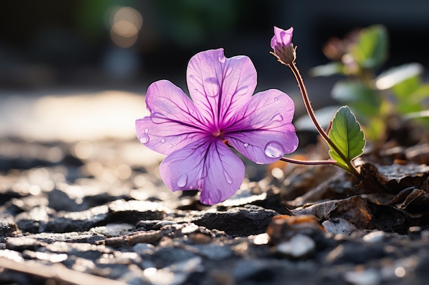a purple flower is growing out of the ground
