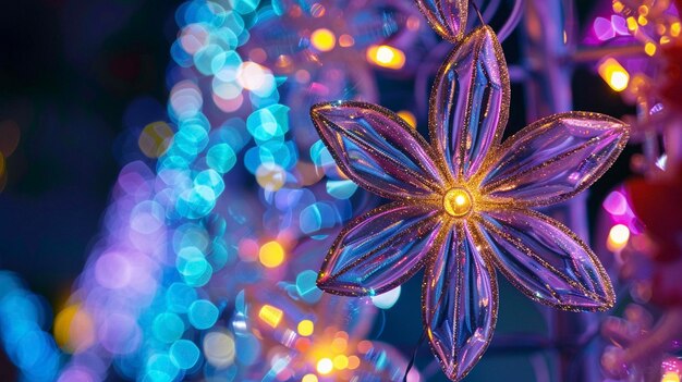 A purple flower is hanging from a Christmas tree