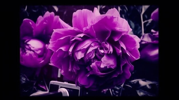 A purple flower is in a metal container with the words peony on it.