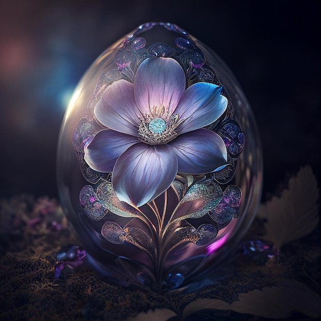 A purple flower is in the middle of a egg.