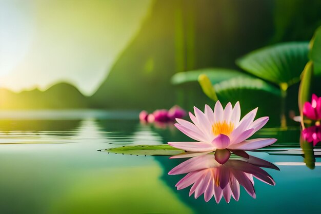 a purple flower is reflected in the water with the sun behind it