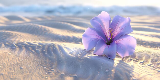 a purple flower is on the sand in the ocean