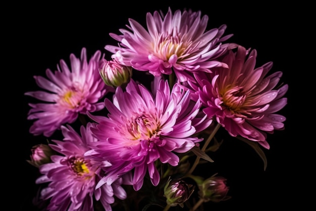 A purple flower is shown against a black background