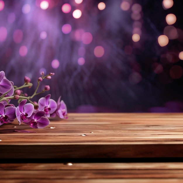 A purple flower is on a wooden table with a purple background.