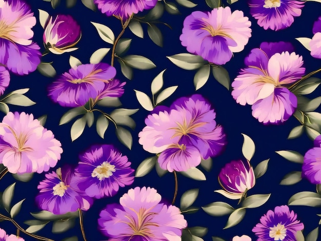 A purple flower pattern with a green leaf on a dark blue background.