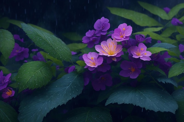 A purple flower in the rain