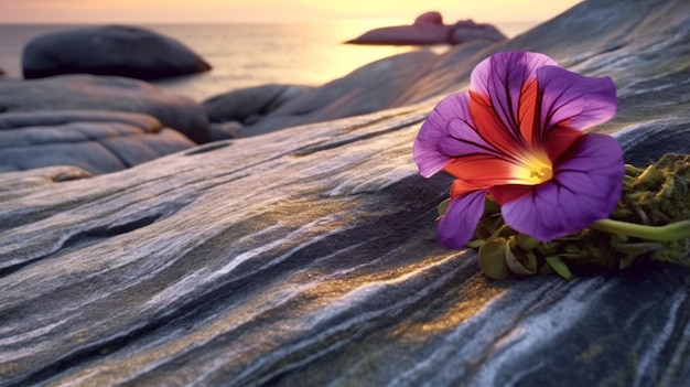 夕暮れの海の近くの岩の上に紫の花が生じる