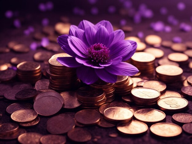 Photo purple flower sitting on top of a pile of coins