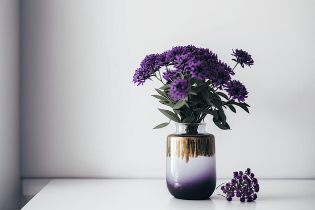 Purple flower in a vase on a white background copy space Interior mock up