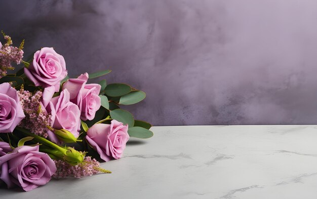 Photo purple flower on a white table with a background of purple wall with some copy space for spring