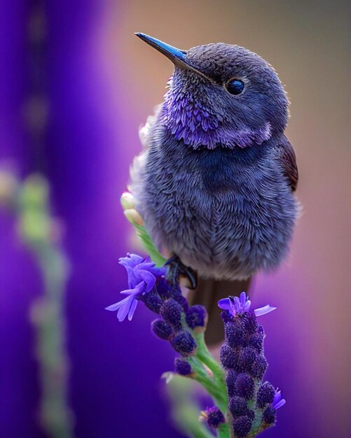 A purple flower with a blue bird on it