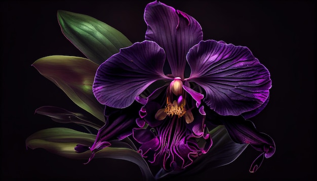 A purple flower with green leaves on a black background generative AI