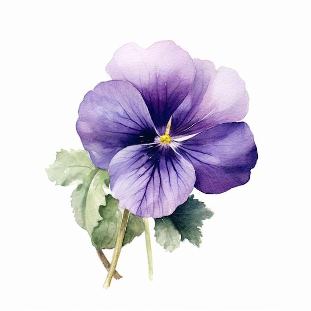 Purple flower with green leaves on a white background generative ai