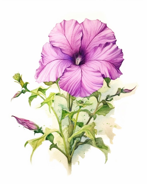 Purple flower with green leaves on a white background generative ai