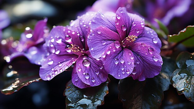 Purple flower with green petal leaf and water drop