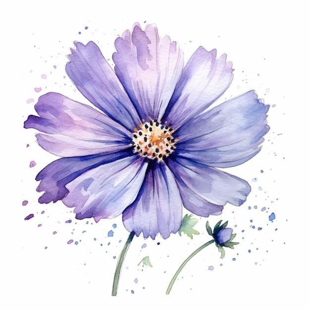 purple flower with green stem and blue petals on white background generative ai
