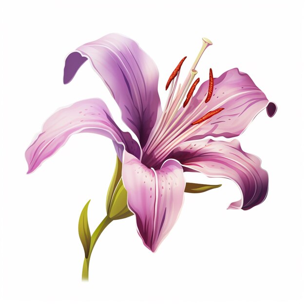 purple flower with green stem and red stamens on white background generative ai