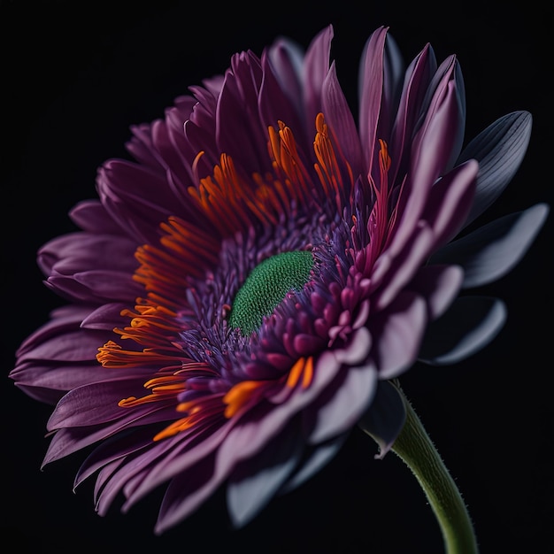 purple flower with orange center on black background with dark background