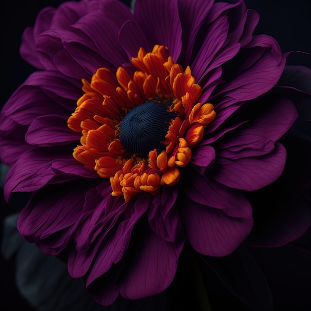 purple flower with orange center and dark background