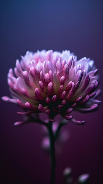 A purple flower with a pink center and a white flower with a green stem.