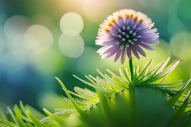 A purple flower with the sun shining through the leaves