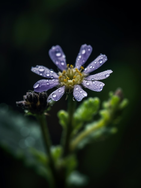 A purple flower with water droplets on it is covered in raindrops.