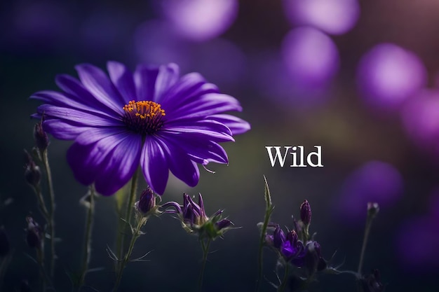 A purple flower with the word wild in the background